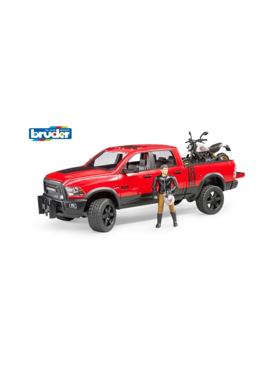 BRUDER Dodge RAM Power Wagon -avolava, moottoripyörä ja kuljettaja, 1:16