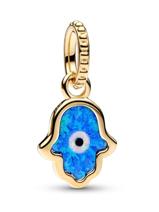 Pandora - Läpikuultava sininen hamsa-riipushela Hamsa hand 14k gold-plated dangle with deep blue and white lab-created opal and black man-made composite Opalescent Blue Hamsa Hand Dangle Charm 762699C01 | Stockmann - photo 1