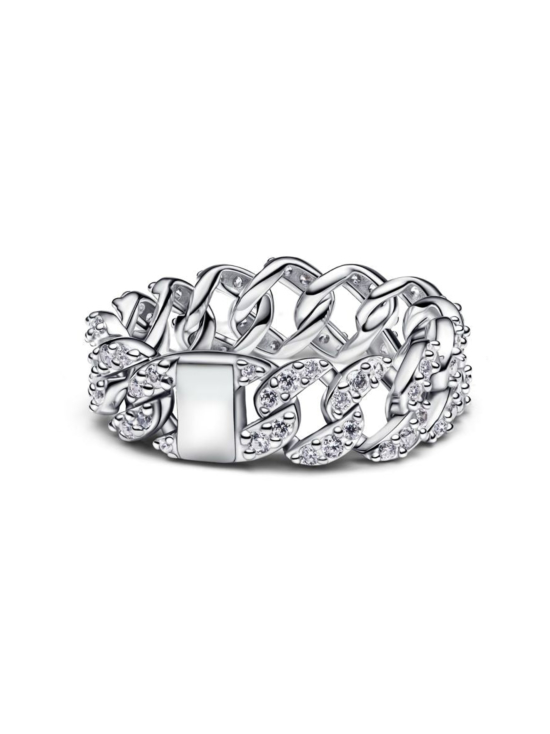 Cuban chain sterling silver ring with clear cubic zirconia