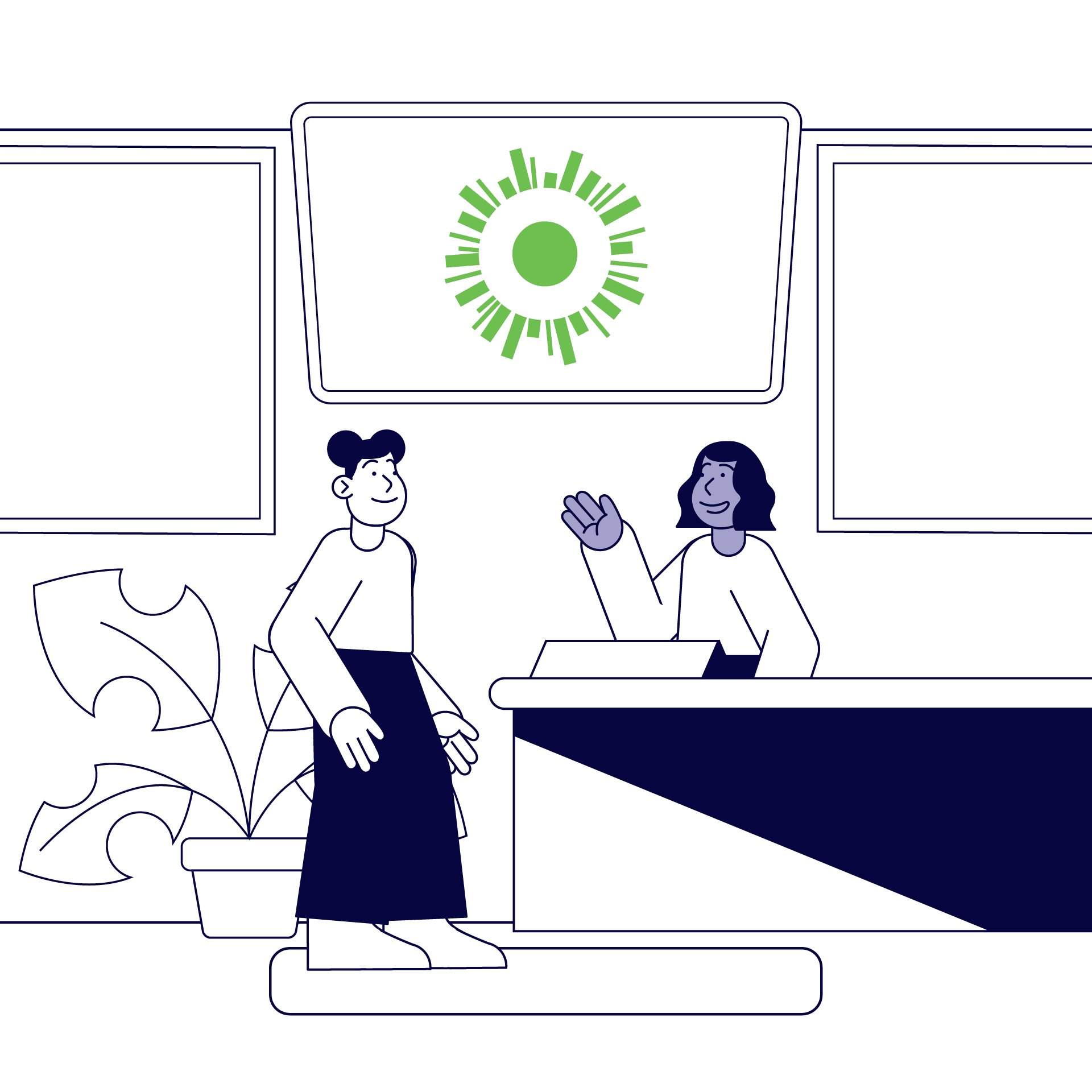 Illustration of woman talking to an Oportun team member about getting a loan.