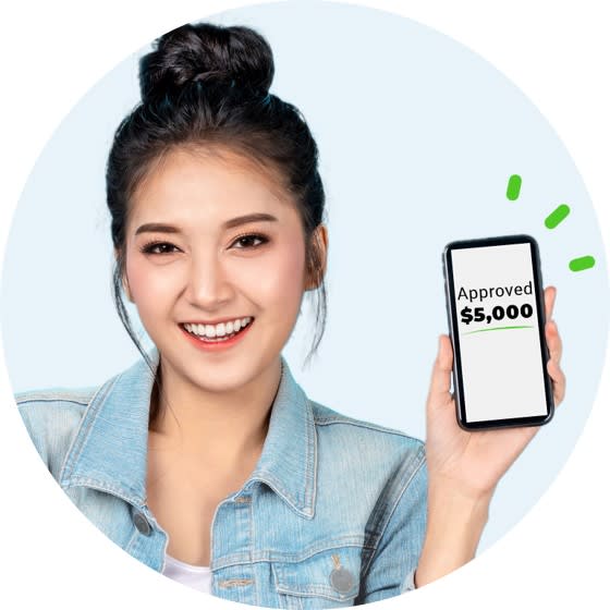 Image of a smiling woman showing an approved loan on her phone screen