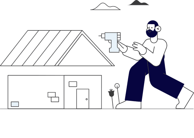 Illustration of man holding a drill, purchased along with other materials using a personal loan, in front of his home