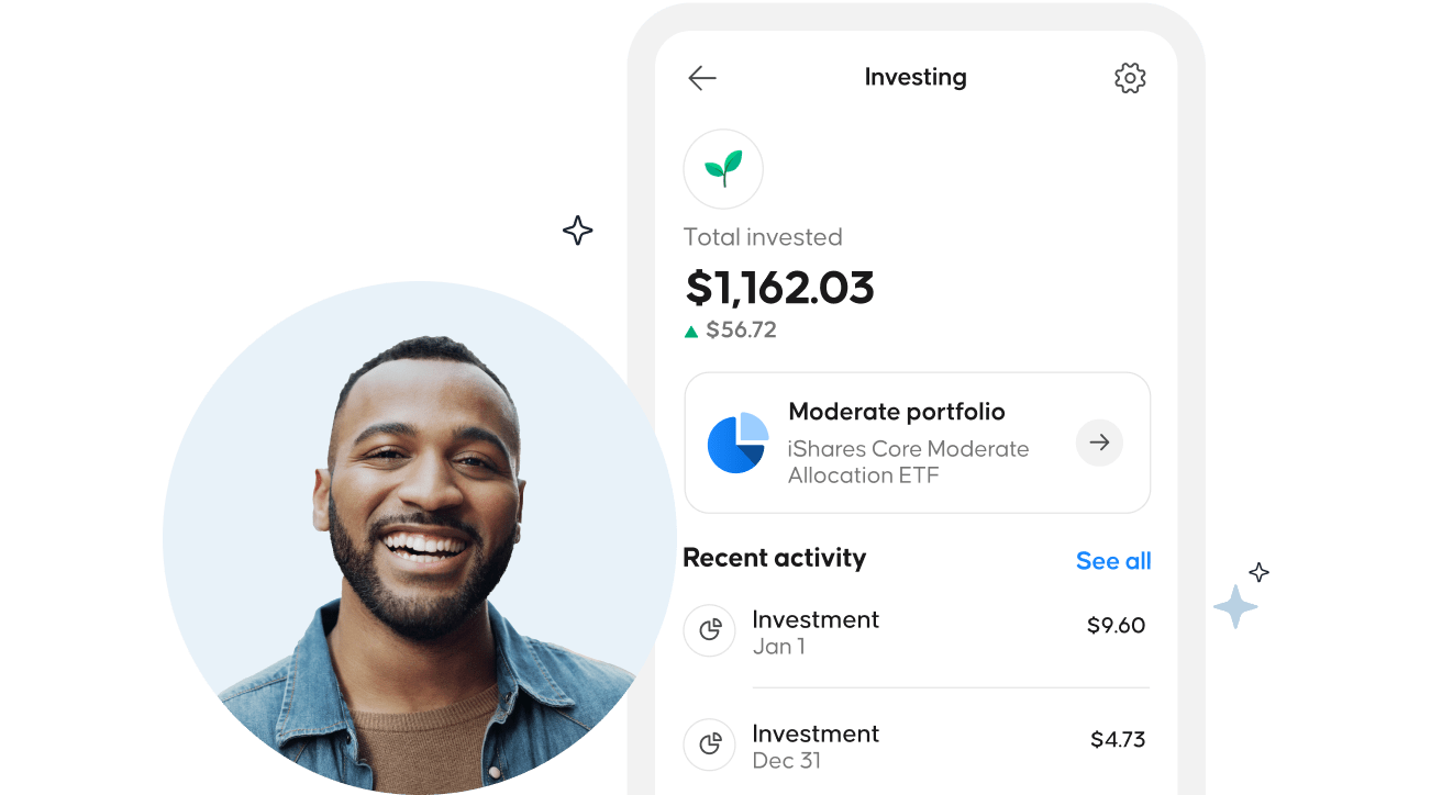 Image of a customer and his investment app showing that he has more than $1,000 invested at a moderate risk portfolio