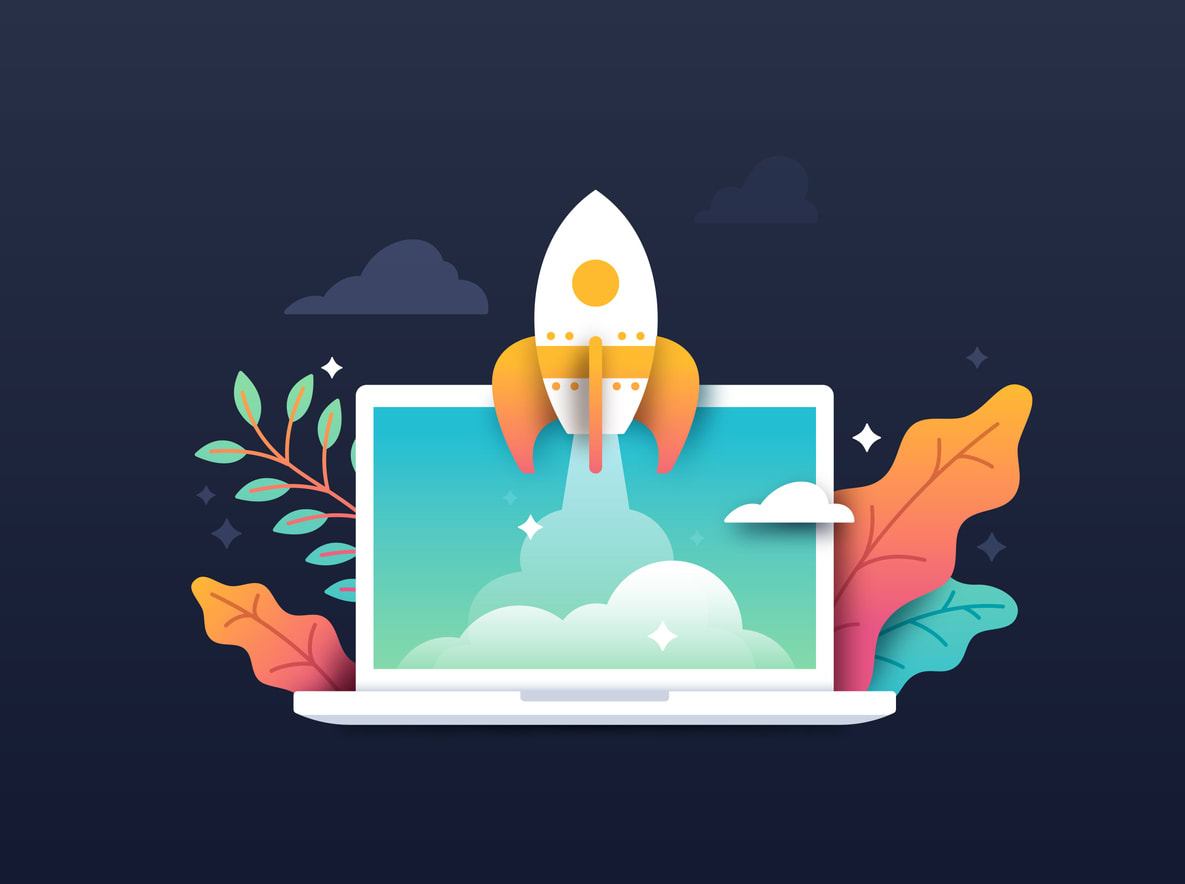 Illustration of rocket coming out from a laptop screen