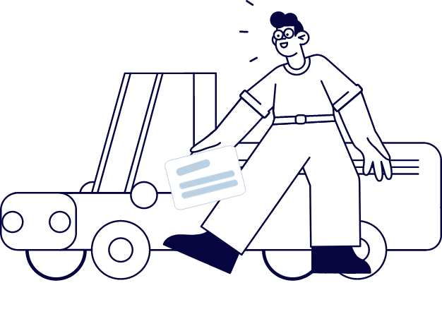 Illustration of a man holding his car title while standing next to his vehicle
