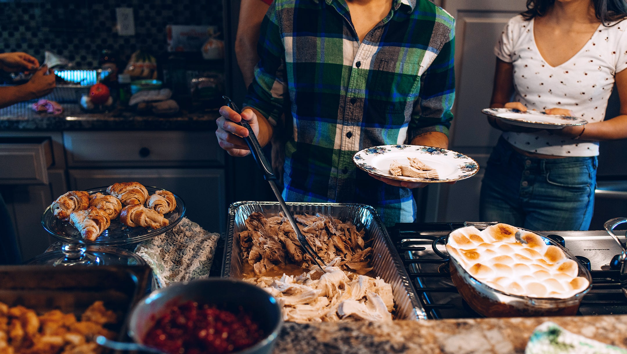 Photo of a Thanksgiving dinner buffet in the kitchen