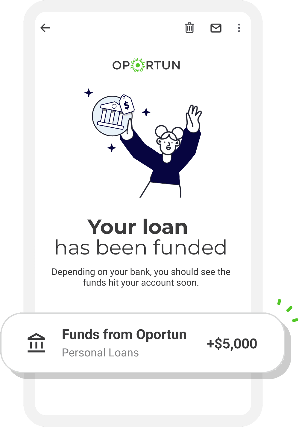 Illustration of a phone screen notifying that your loan has been funded and a woman with her hands in the air holding a prize