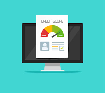 Illustration of a computer screen displaying credit score gauge