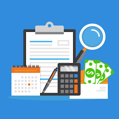 Illustration of a clipboard, calendar, calculator, and envelope with cash