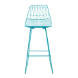 A turquoise metal bar stool with a white background.