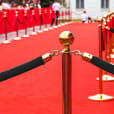 A red carpet with black velvet ropes on it.