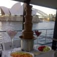 A chocolate fountain on a boat with a large fruit platter and a view of the Sydney Opera House, showcasing in season fruits.