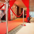 A red carpet with chrome bollards and red ropes.