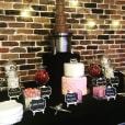 A dessert table featuring a medium commercial chocolate fountain.