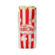 A red and white popcorn bag deliciously filled with freshly popped popcorn on a white background.