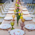 A long table set with colorful plates and glasses, featuring elegant White Wire Chairs.