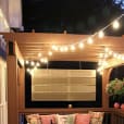 Two pictures of a porch adorned with string lights and pillows, featuring Festoon Light Hire - 10m.