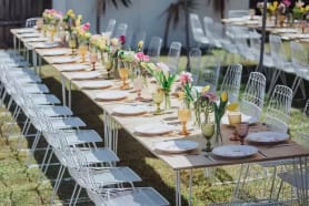 White Wire Chairs and Hairpin table hired for an outdoor function