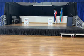 A freshly set up stage inside an large hall