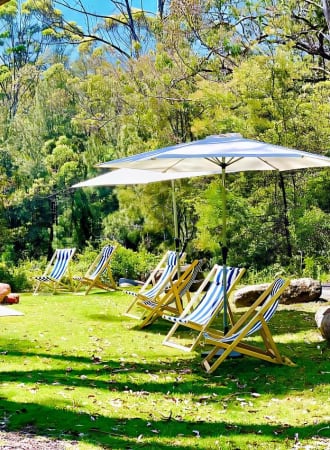 deck chairs with market umbrellas