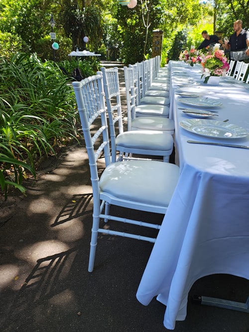 Lots of white Tiffany chairs set up for an outdoor meal