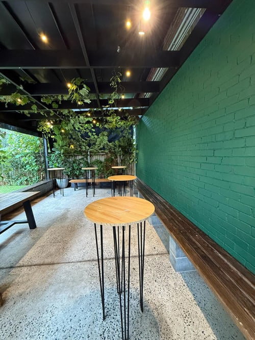 Our black wire cocktail tables with timber tops