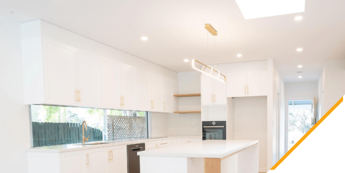 A kitchen with the new LED lighting upgrade by Easy Switch Electrical