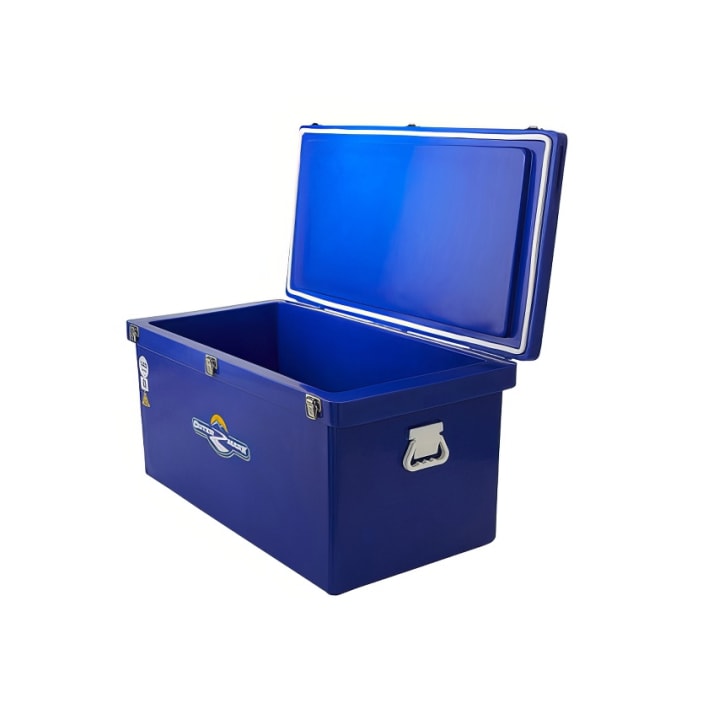 A blue cooler box on a white background.
