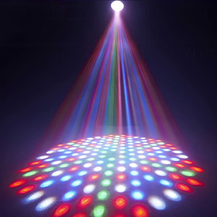 An image of a disco light with multi colored lights.