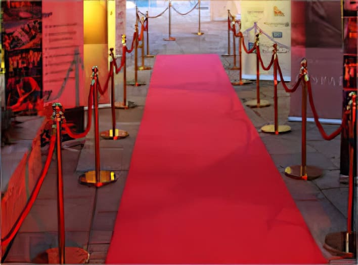 A red carpet leading to a red rope.
