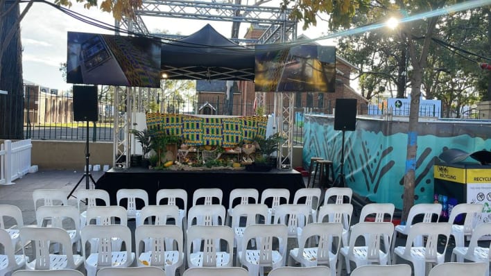 A stage set up for an outdoor event.