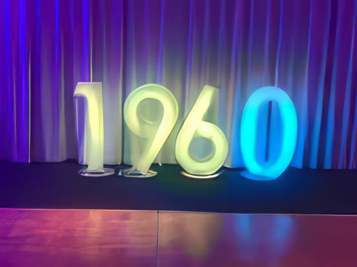 The number 60 is lit up on a stage in front of a curtain.