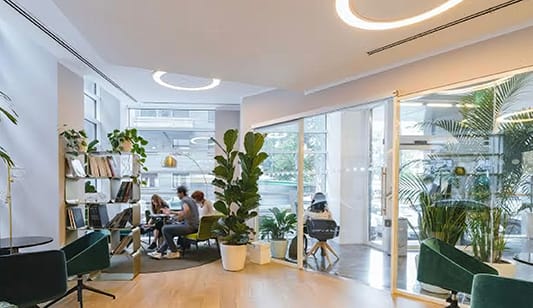 A shared office space with new lighting