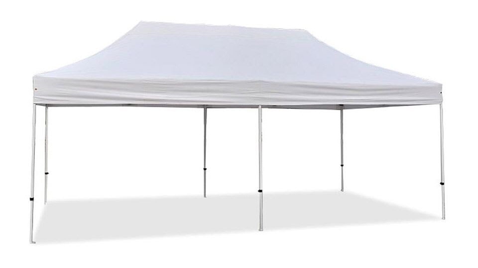 A 4mx8m pop up tent with a white roof on a white background.