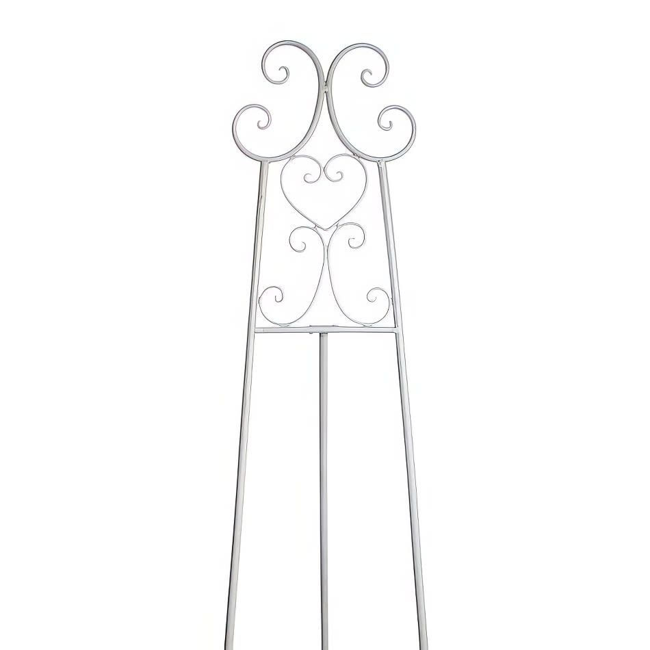 A white metal plant stand with a floral design available for hire.