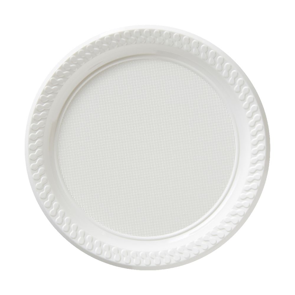 A white plastic plate on a white background.