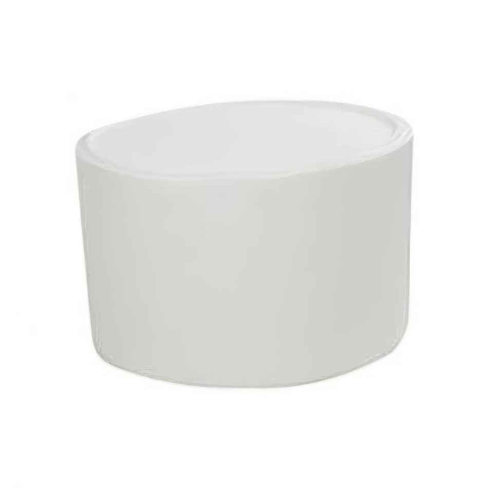 A white round ottoman sitting on a white surface.