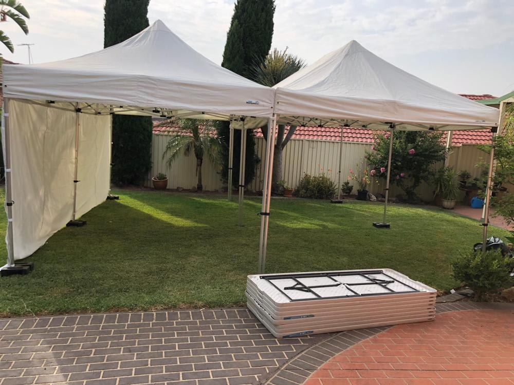 A 3mx3m pop up marquee with walls set up in a backyard.