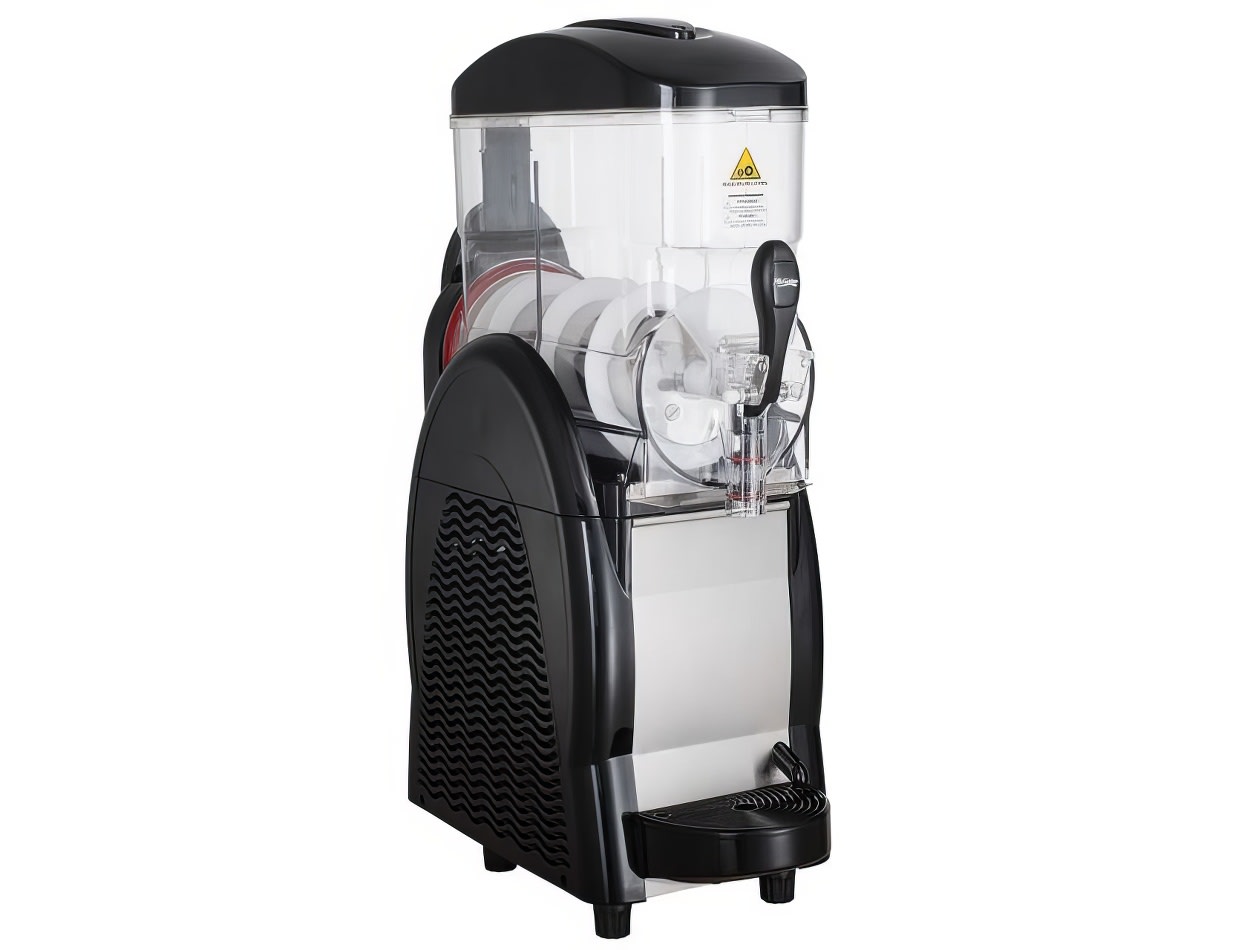 Slushie Machine Hire: Pkg 1 - A black and white ice cream machine with a lid that can make up to 60 drinks.