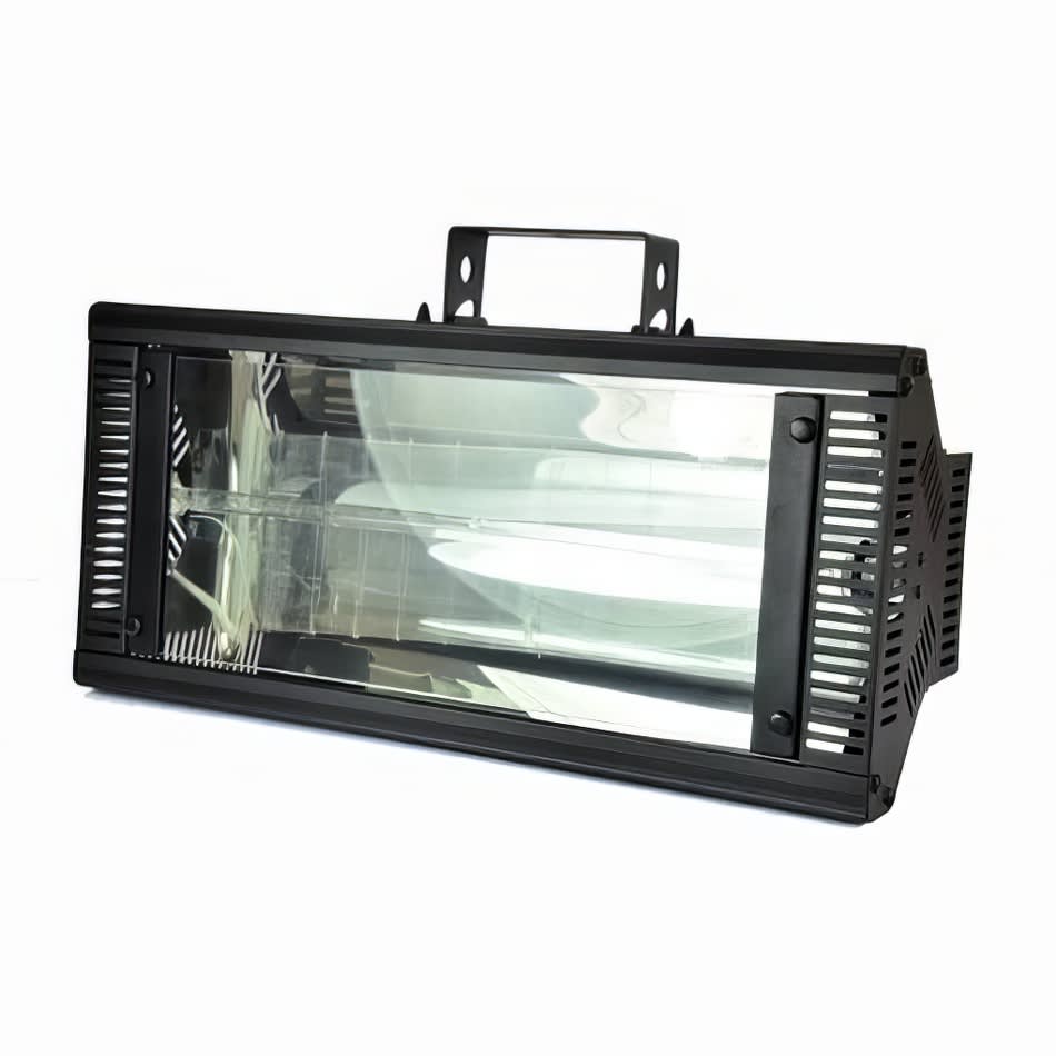 A black stage light with a glass cover available for Strobe Light Hire.