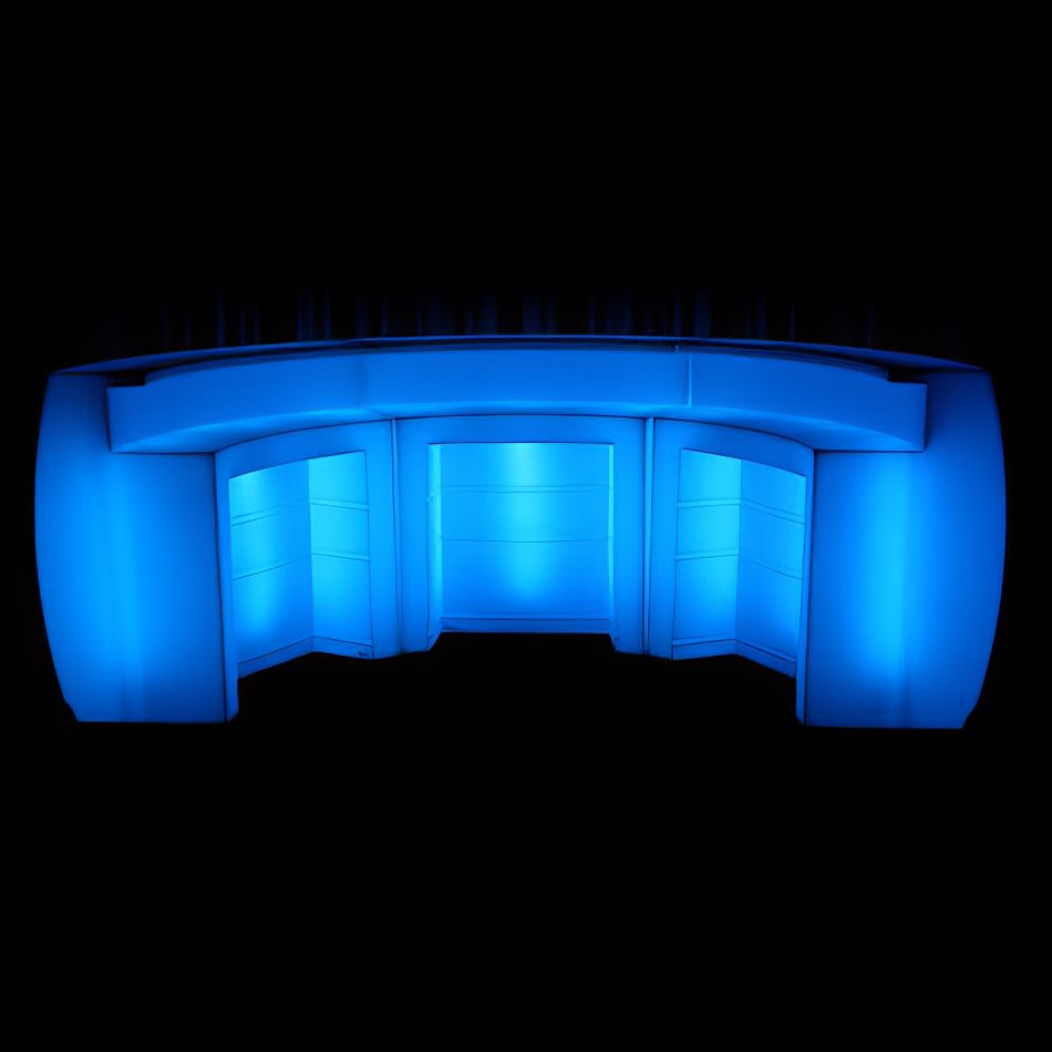 A blue lit curved bar on a black background.