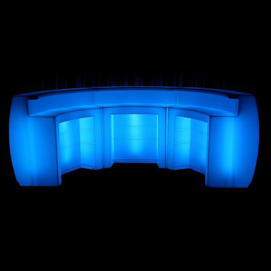 A blue lit curved bar on a black background.