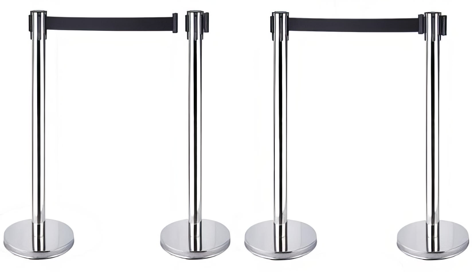 A pair of stainless steel Tensa barriers on a white background.