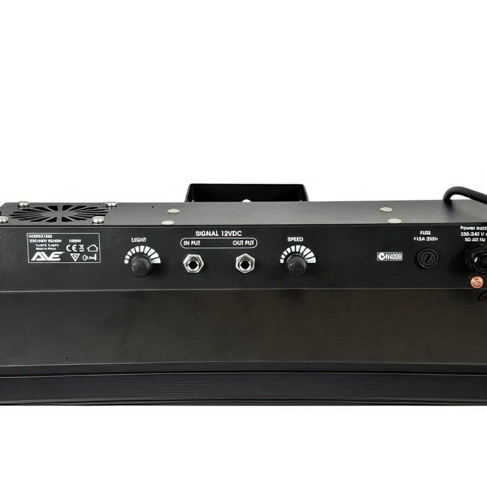 A close up of a black amplifier with two knobs for Strobe Light Hire.