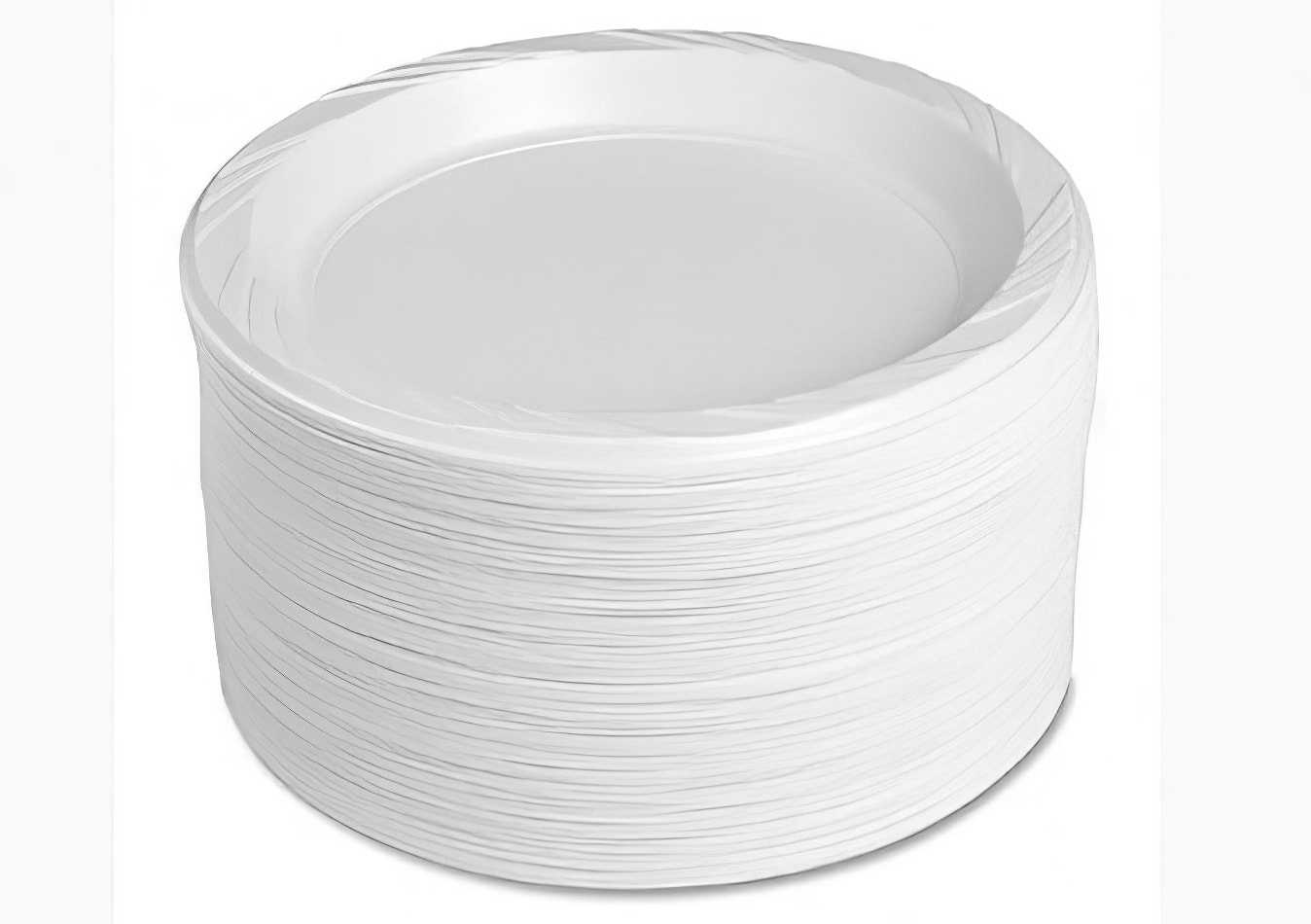 A stack of white plastic plates on a white background, available at $10 per 50 plates.