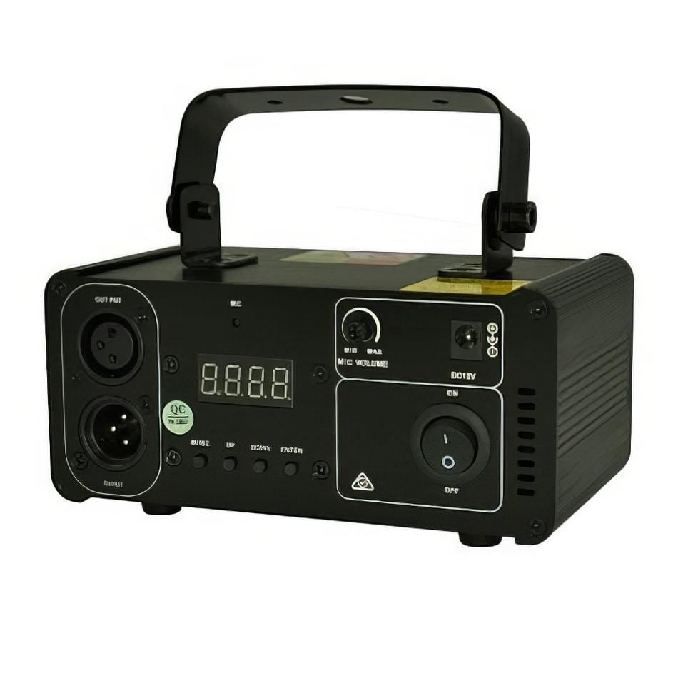 A small stage light with a green laser on it.