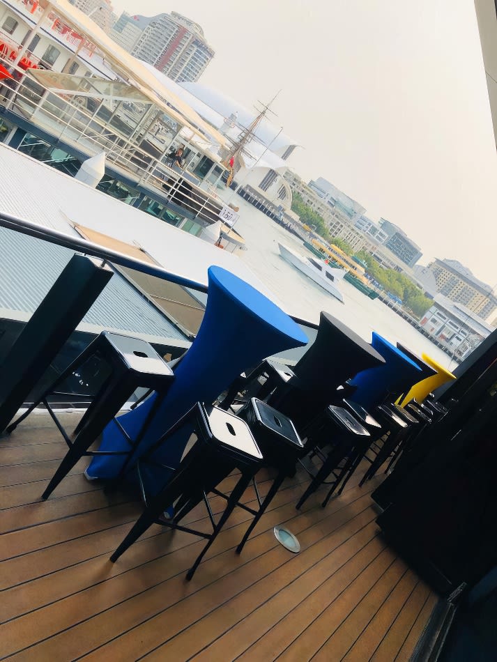 A deck bar with a scenic view of the water.