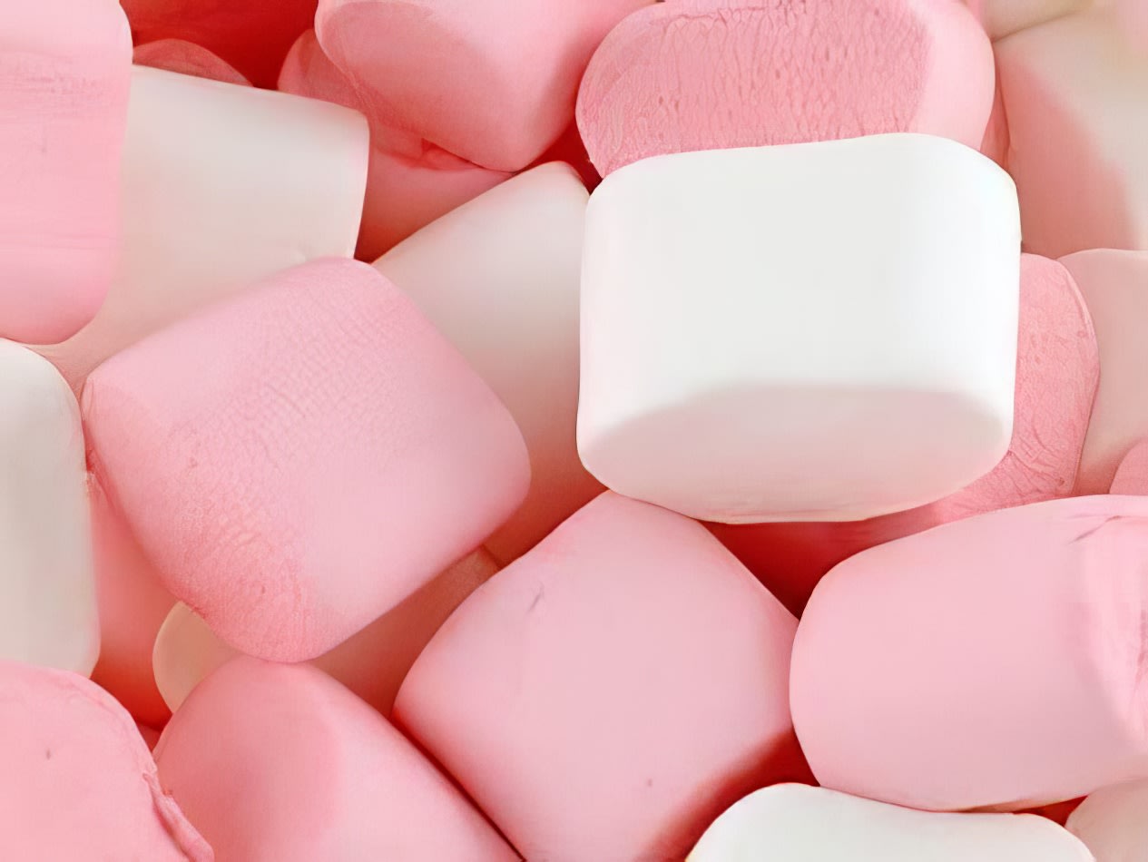 A 250g pile of pink and white marshmallows.