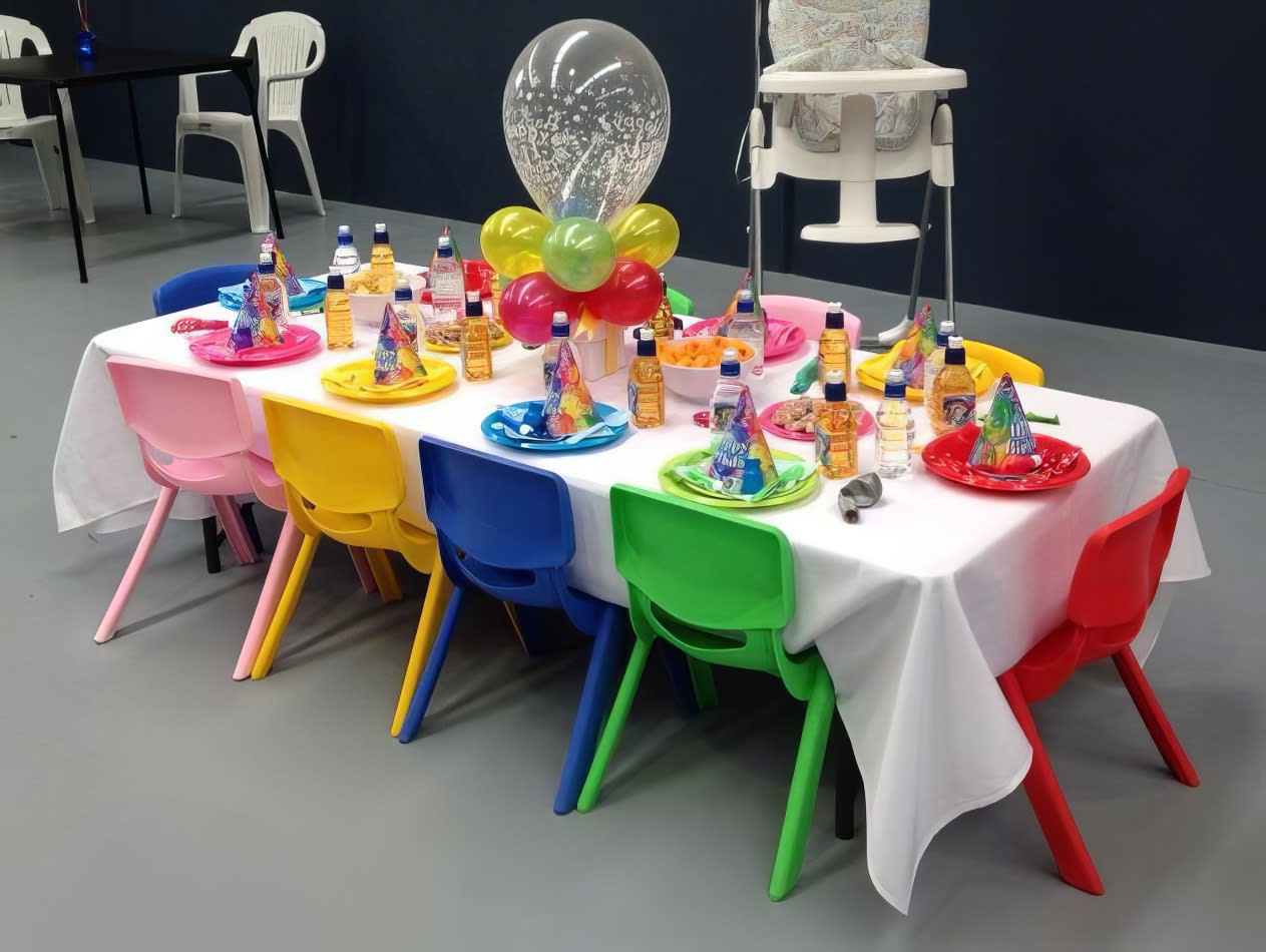 A table set up for a birthday party with balloons and kids chair hire.