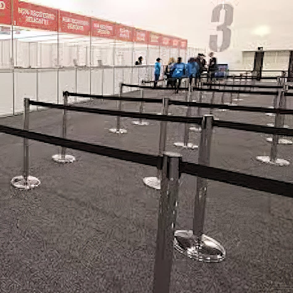 A group of people standing in a line at a convention, with a Tensa Barrier Hire in place for crowd control.